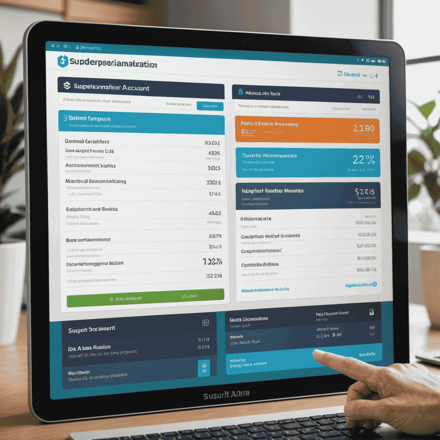 Various superannuation account options displayed on a digital screen, showing contribution types and management features