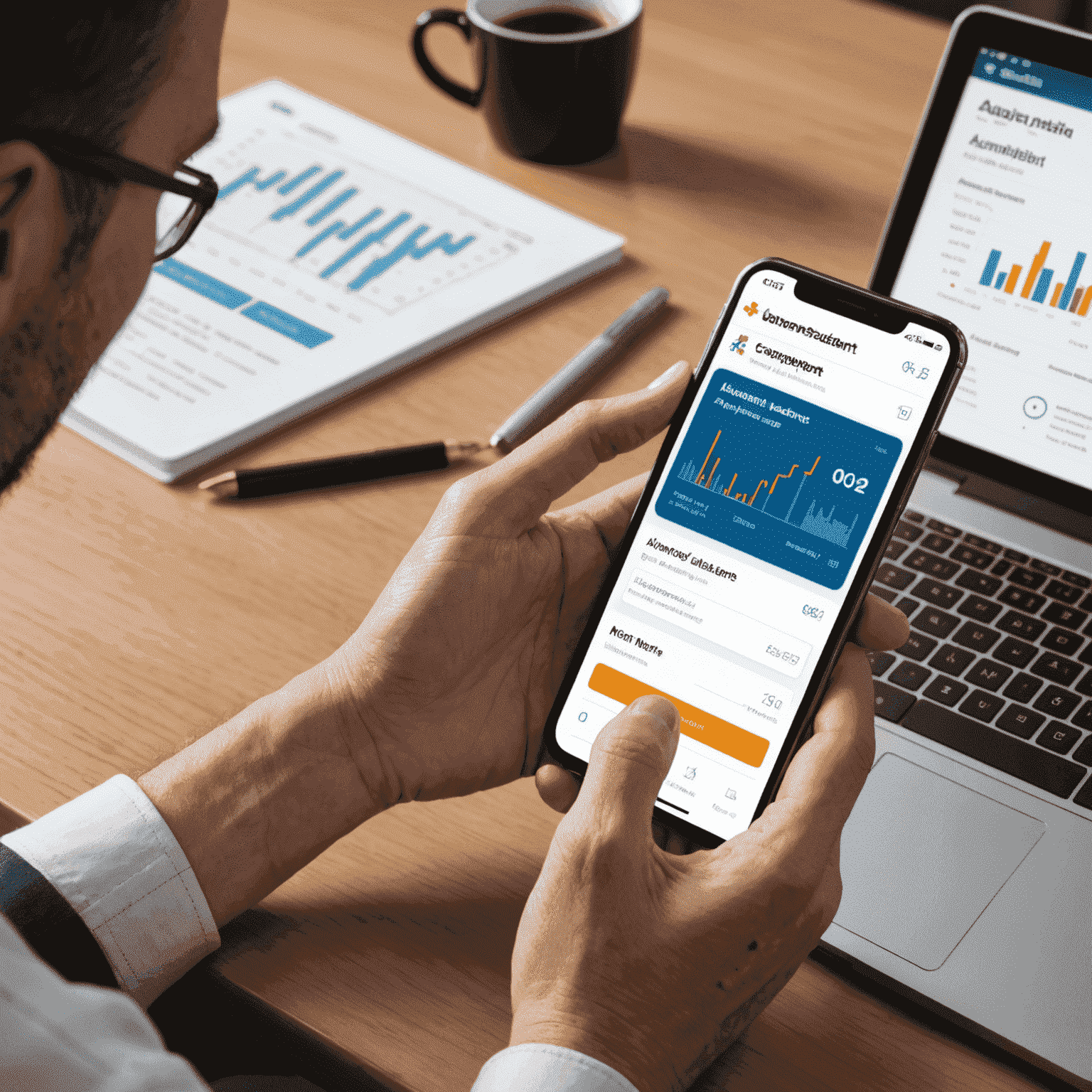 A person using a smartphone to access their AustralianSuper account, showing a user-friendly interface with graphs and account balance information