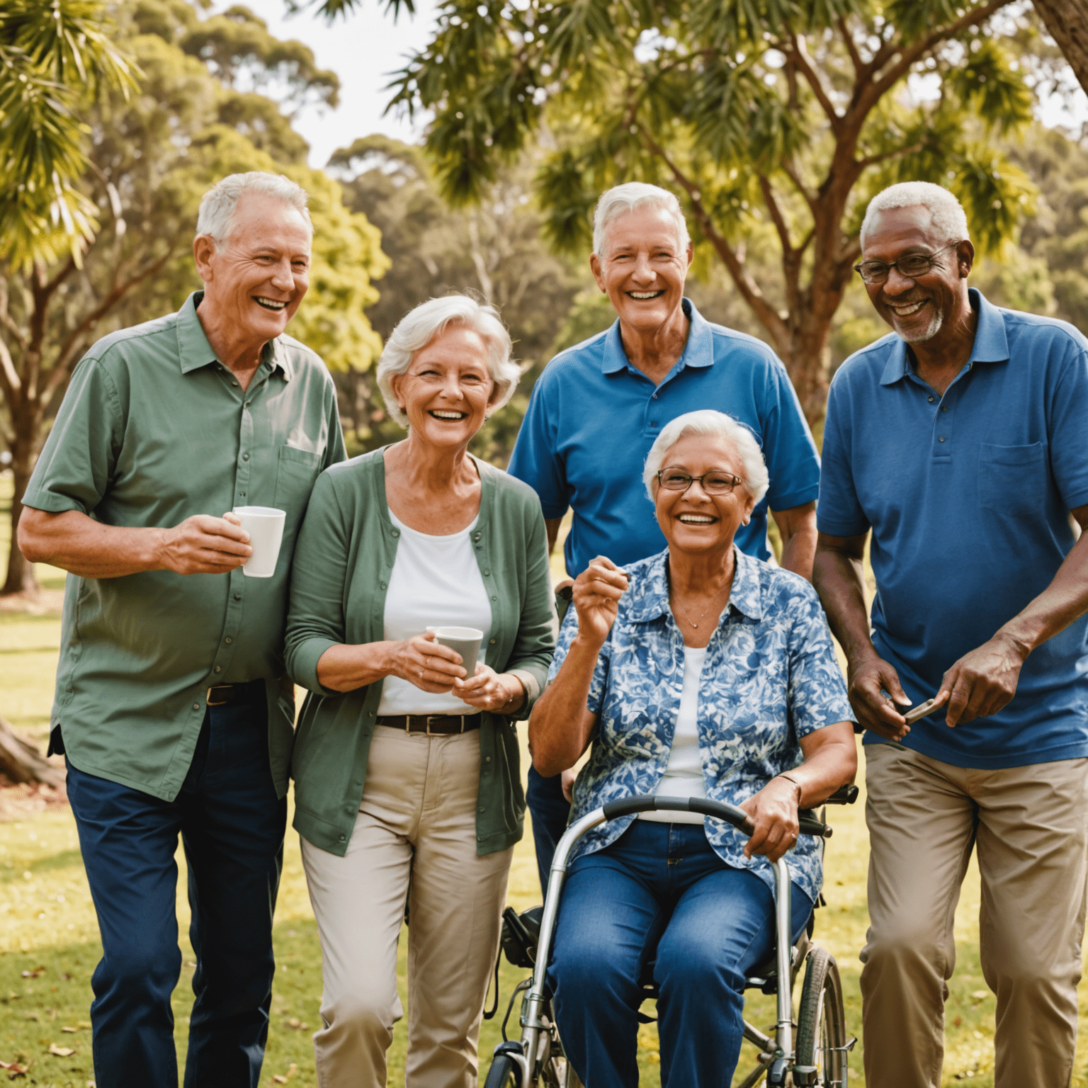 A group of diverse retirees enjoying their retirement, smiling and engaging in various activities. The image showcases the benefits of proper retirement planning with AustralianSuper.