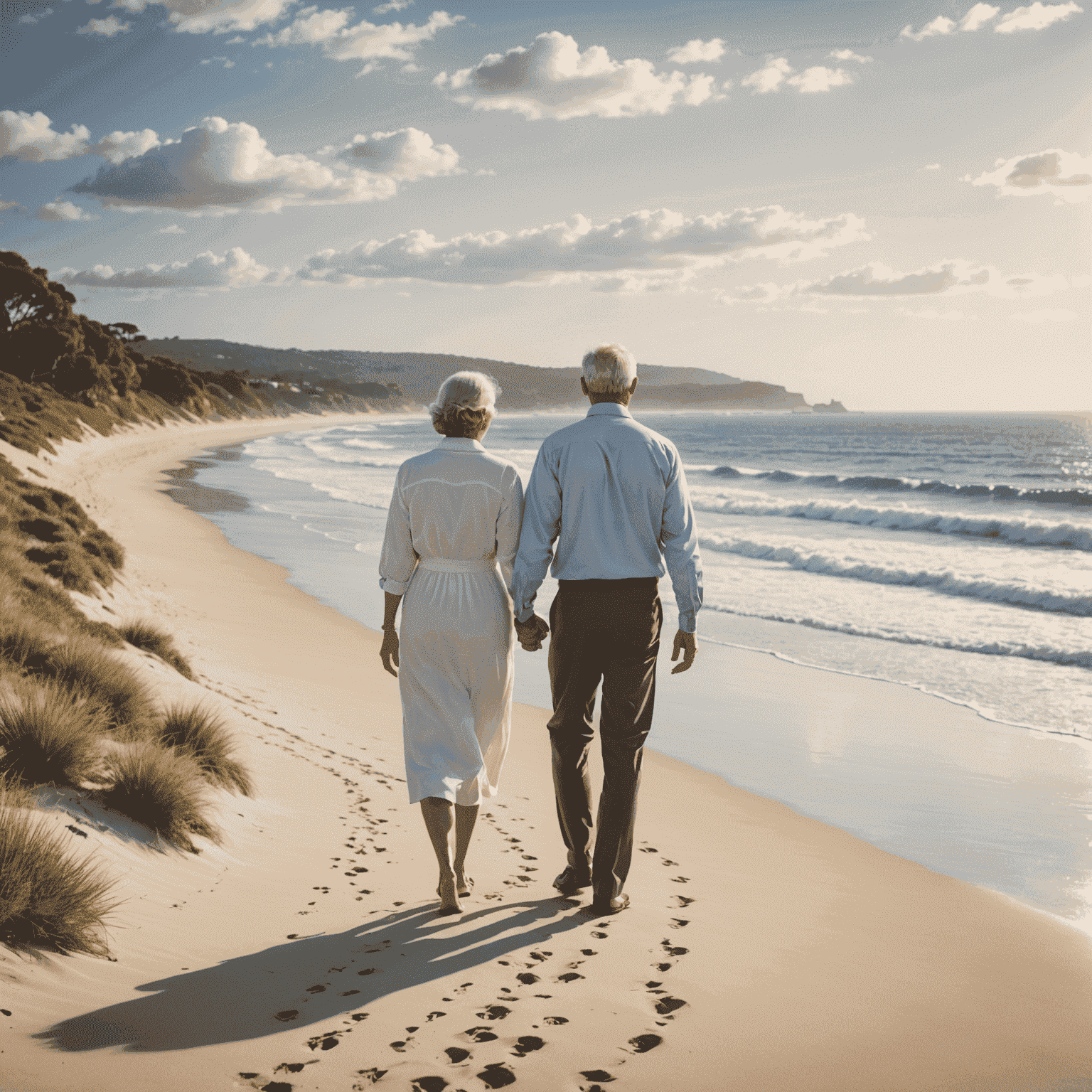 A serene beach scene with a couple walking hand in hand, symbolizing a peaceful and secure retirement achieved through proper planning with AustralianSuper.