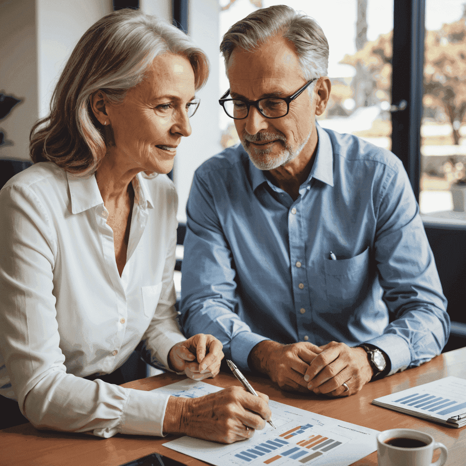 A professional AustralianSuper financial adviser discussing retirement plans with a client, using charts and graphs to explain investment strategies
