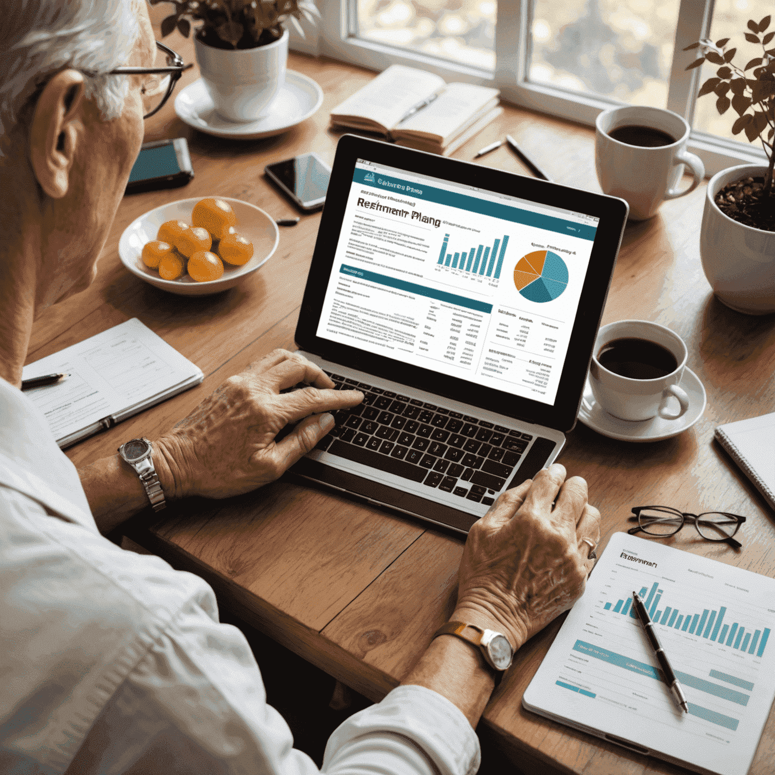 A person using a tablet with retirement planning tools, calculators, and resources visible on the screen