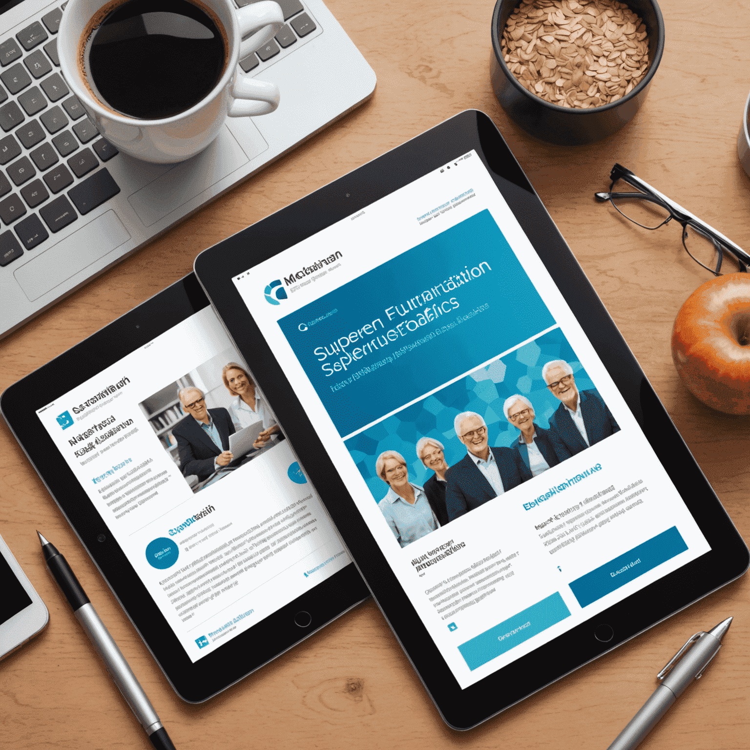 A collection of AustralianSuper educational materials including digital tablets showing webinars, printed brochures, and infographics about superannuation basics