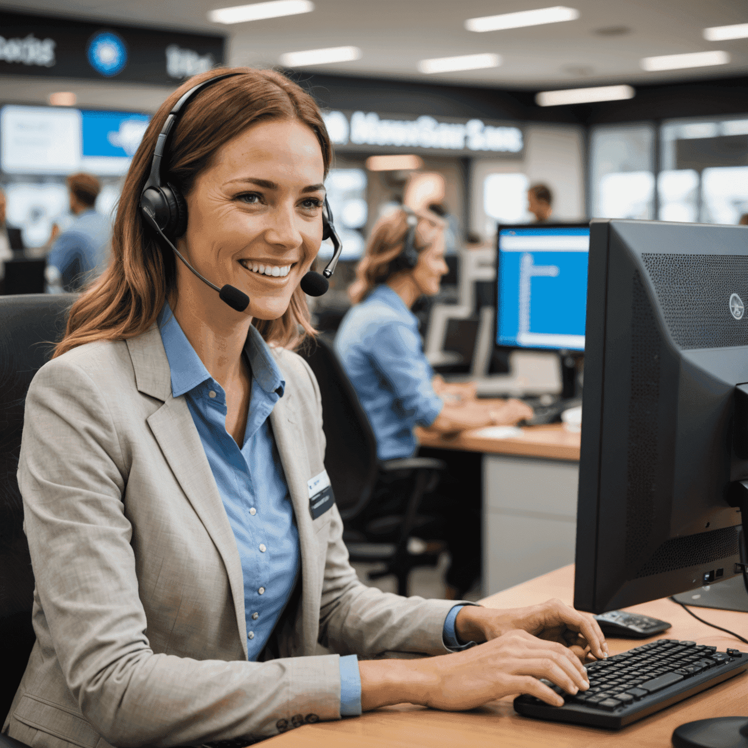 An AustralianSuper customer service representative smiling while assisting a member over the phone, with a computer screen showing member details in the background